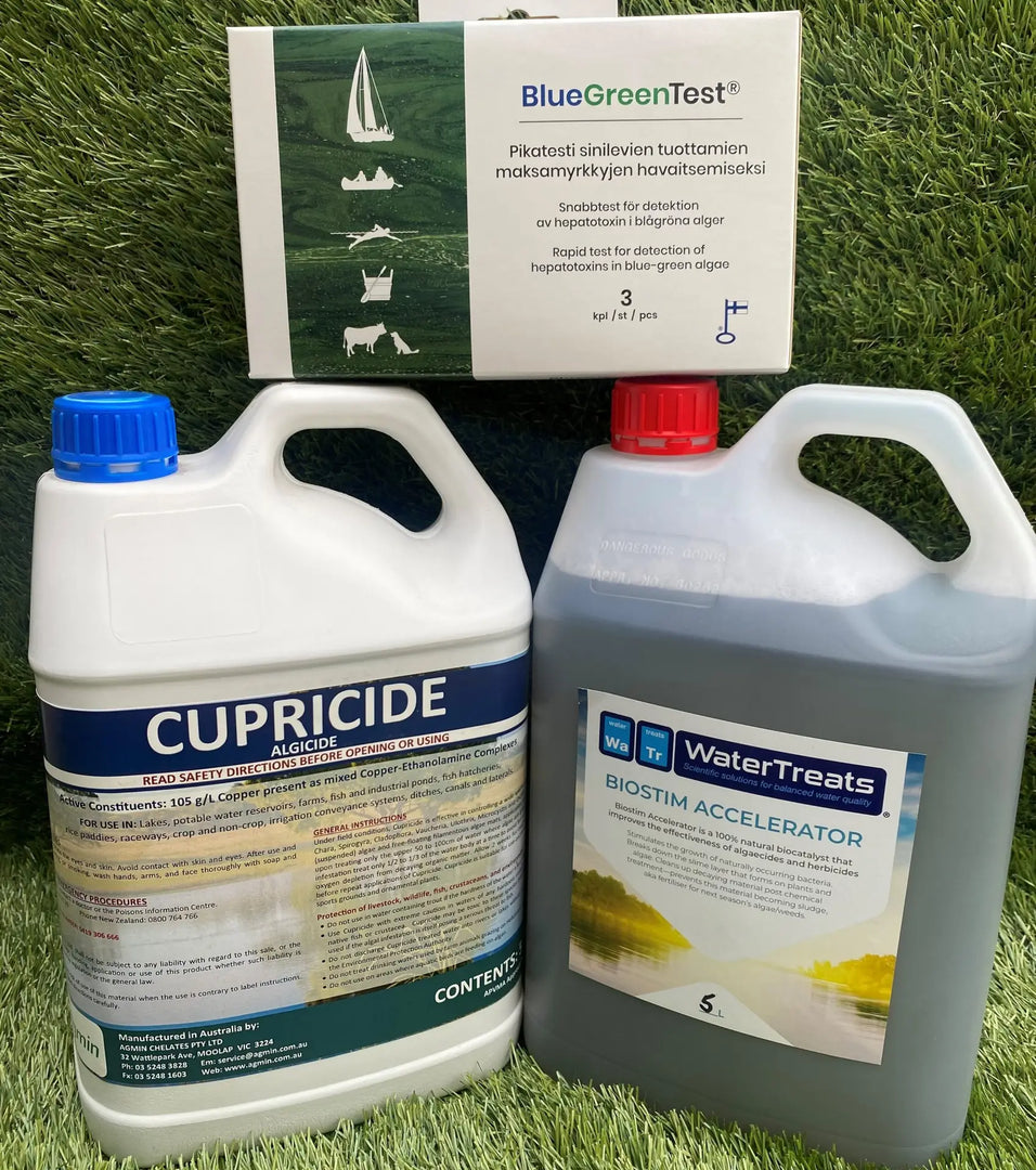 Blue Green Algae Attack Bundle (Small)—3 Pack BGA Test Kit, 5L Cupricide Algaecide, 5L Accelerator