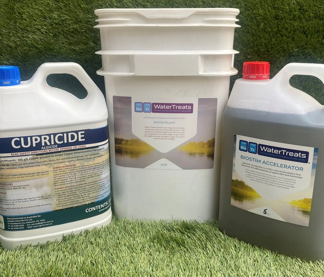 Surface Algae Attack Bundle (Small)—5L Cupricide Algaecide, 10kg Biostim Pellets, 5L Accelerator